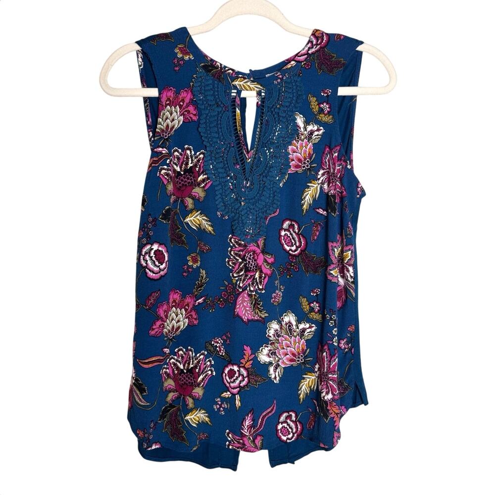 Daniel Rainn Quin Floral Crochet Keyhole Sleeveless Blouse Teal Small EUC